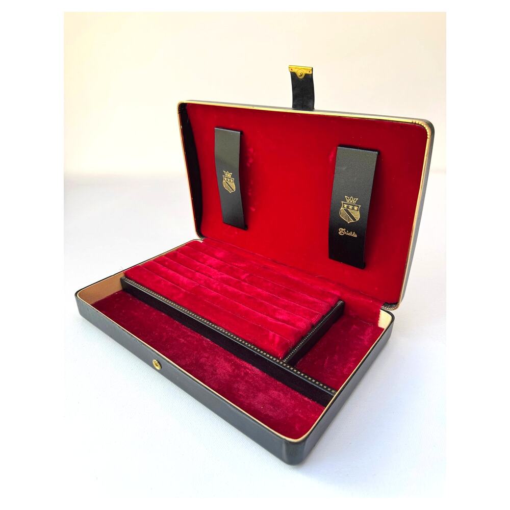 Vintage Shields Leather Jewelry Box Case Black Gold Red Velvet Travel Case